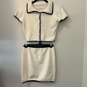Off white with black trim sweater set, skirt and top